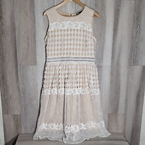 Ina Womens L Crocheted Lace Overlay Dress‎ Midi Lined Sleeveless Boho Ornate